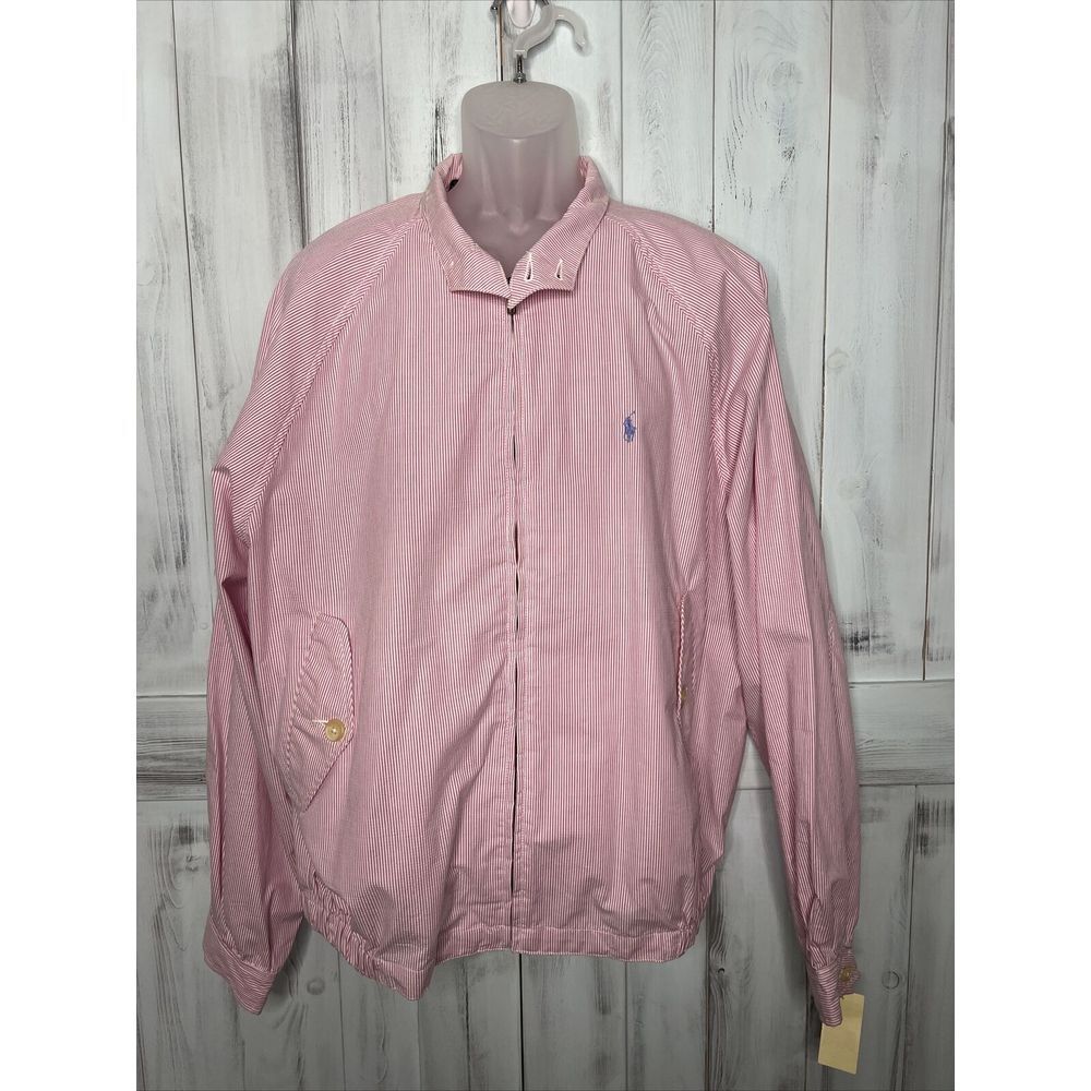 New Mens Vintage Polo Ralph Lauren Pink White Seersucker Full Zip Jacket Xl Usa